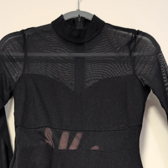 Black Long-Sleeve Mesh Yoke Bodycon Dress - Picture 2 of 6